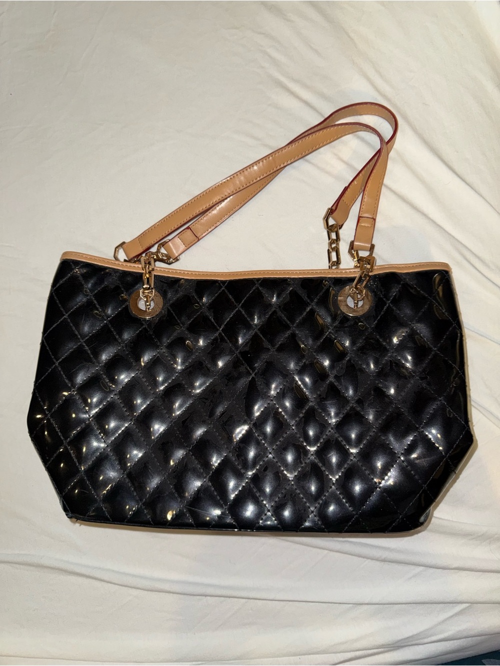 White House Black Market Quilted Patent Shoulder Bag in Black with Tan Trim